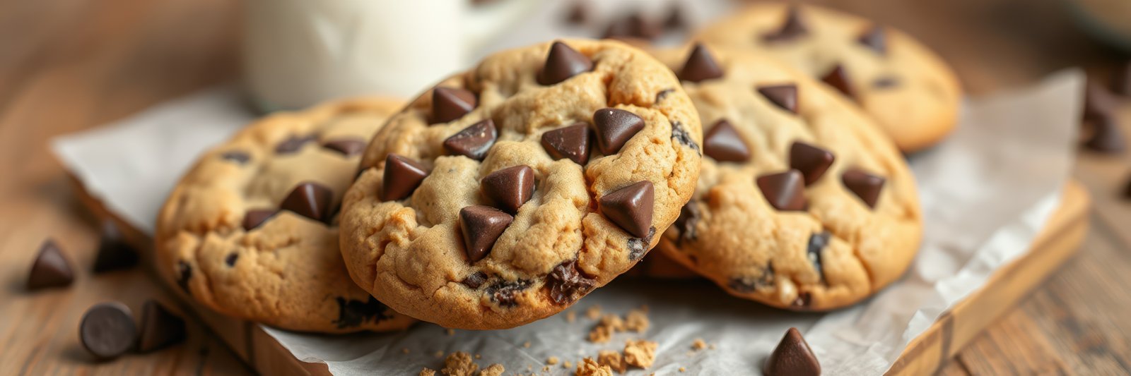 Freshly baked chocolate chip cookies arranged on parchment paper with milk nearby